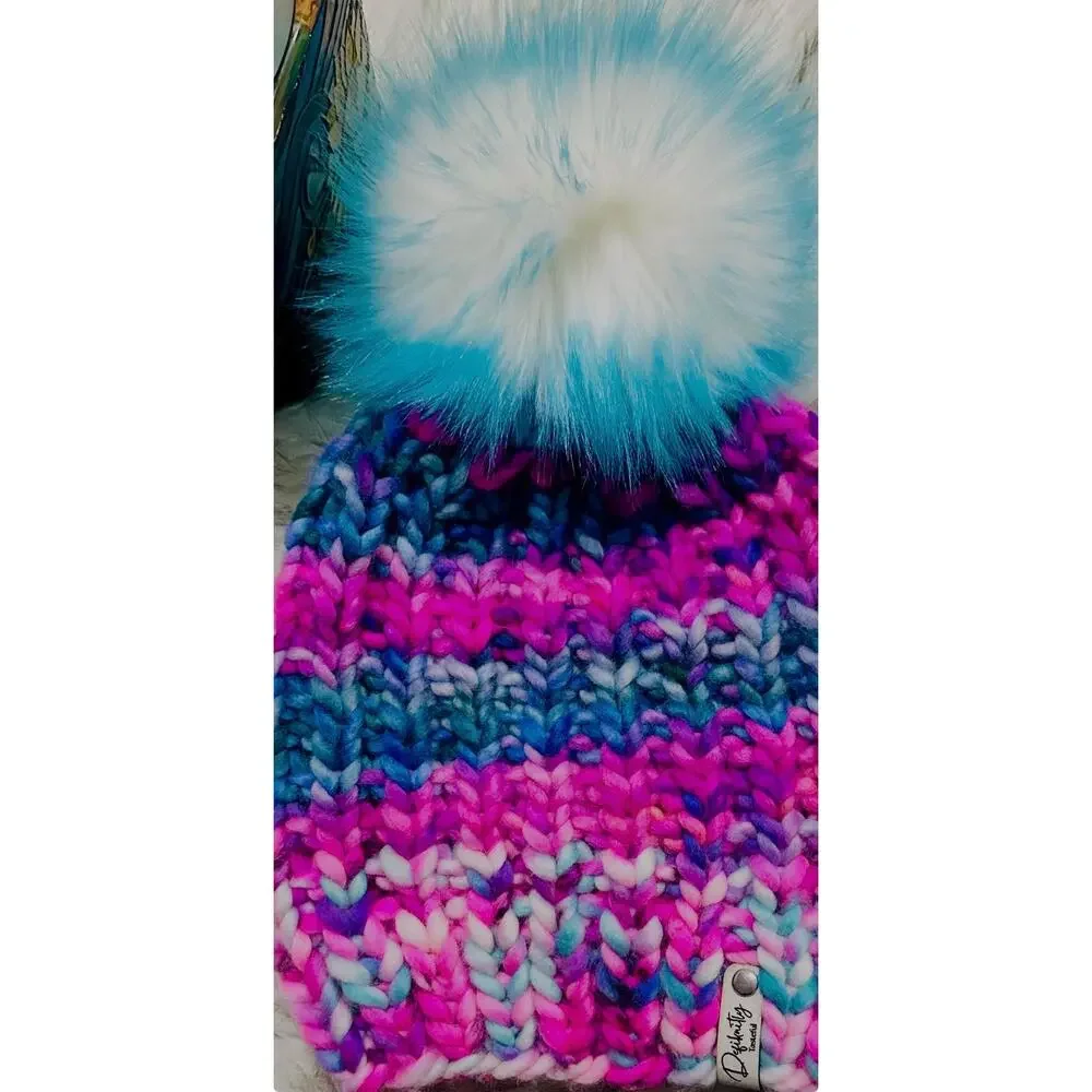 Hand Knit Scrappy Merino Wool Beanie: DefiKnitly Tasteful Knit Hat with Faux Fur